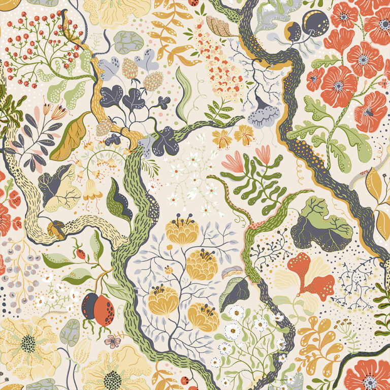 Multifärgat, Beige tapet med Blommigt, Frukt,  mönster