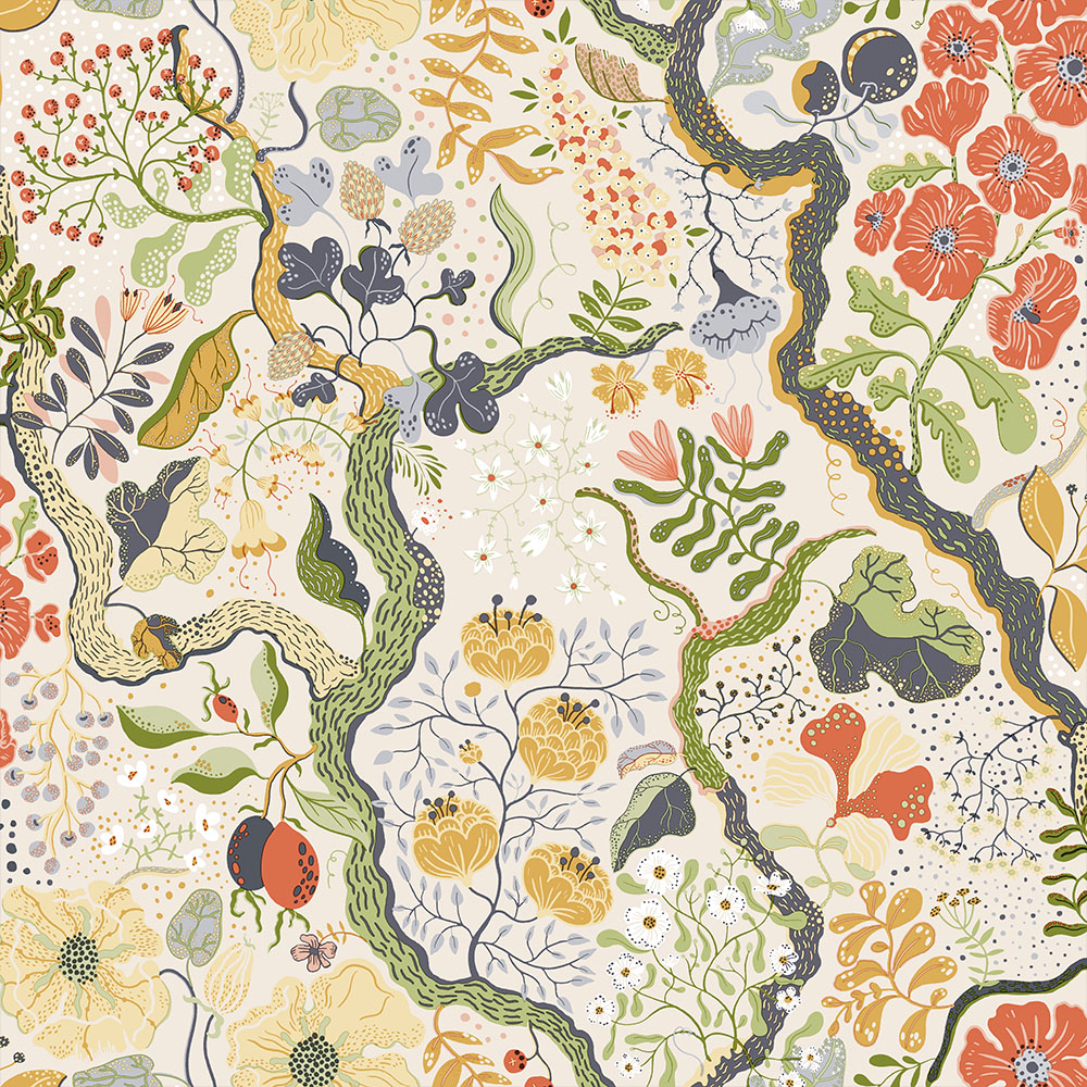Multicolored, beige wallpaper with floral and fruit patterns