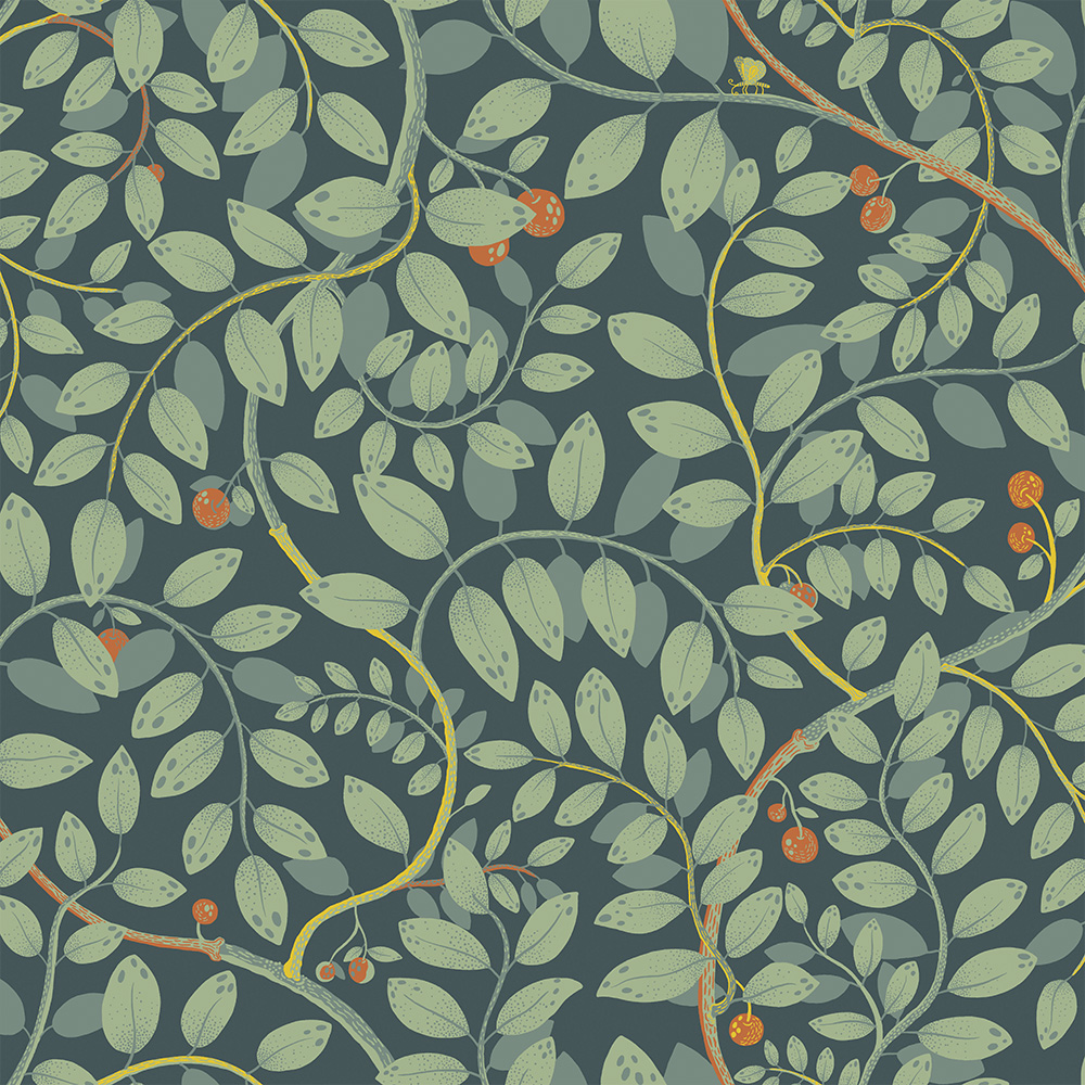 Green Wallpaper with Leaves, , Fruit Pattern