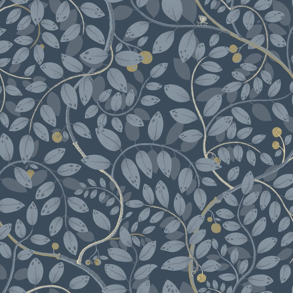 Blue Wallpaper with a Leaf and Fruit Pattern