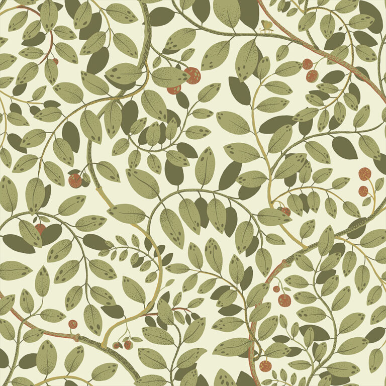 Green Wallpaper with Leaves, , Fruit Pattern