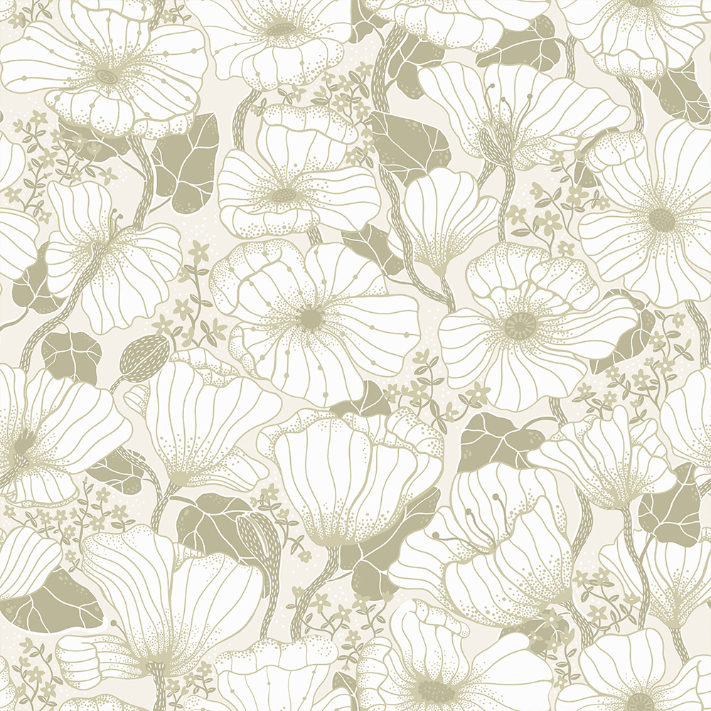 White, Neutral, Beige wallpaper with floral, large-scale patterns