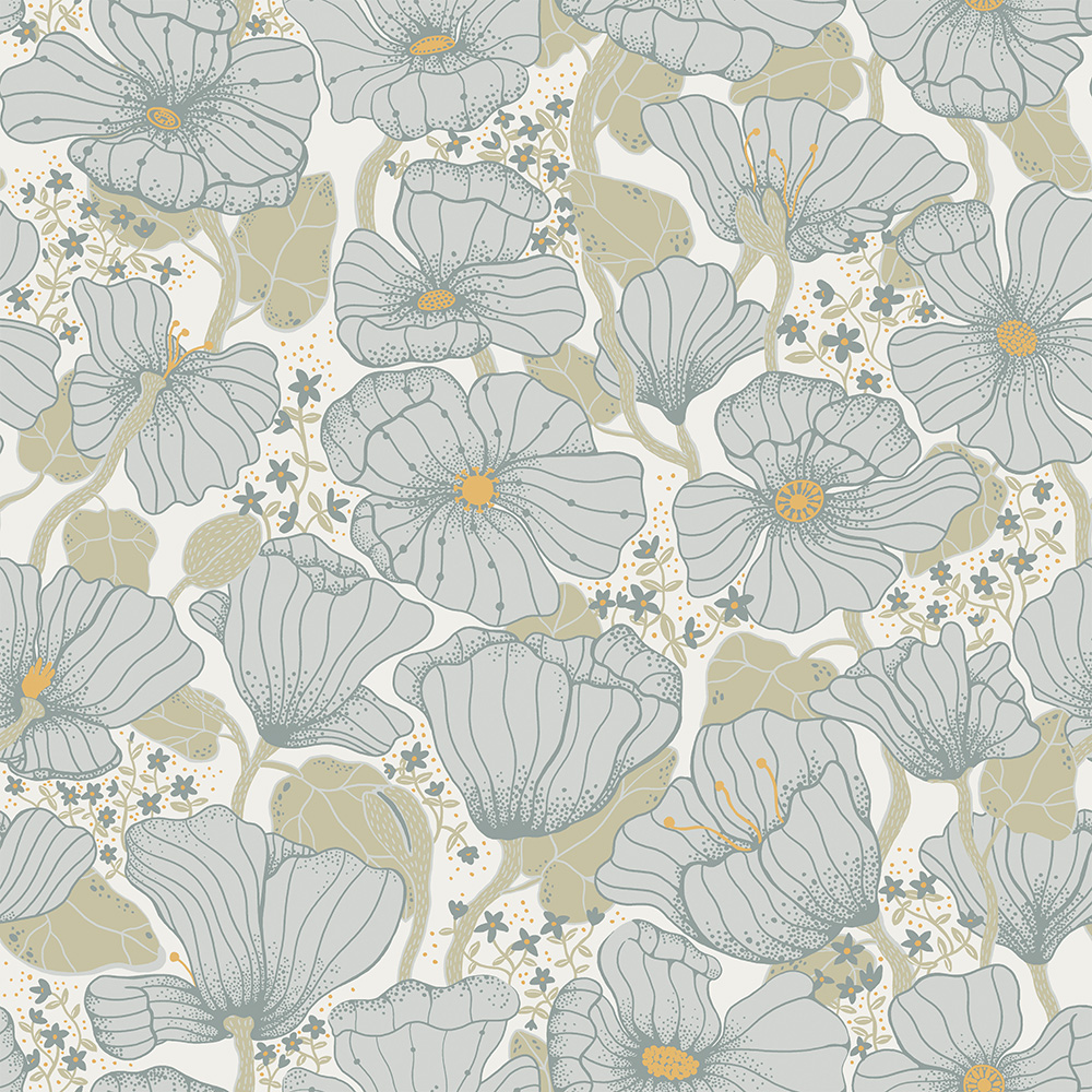 Blue wallpaper with floral, large-scale, and patterned designs