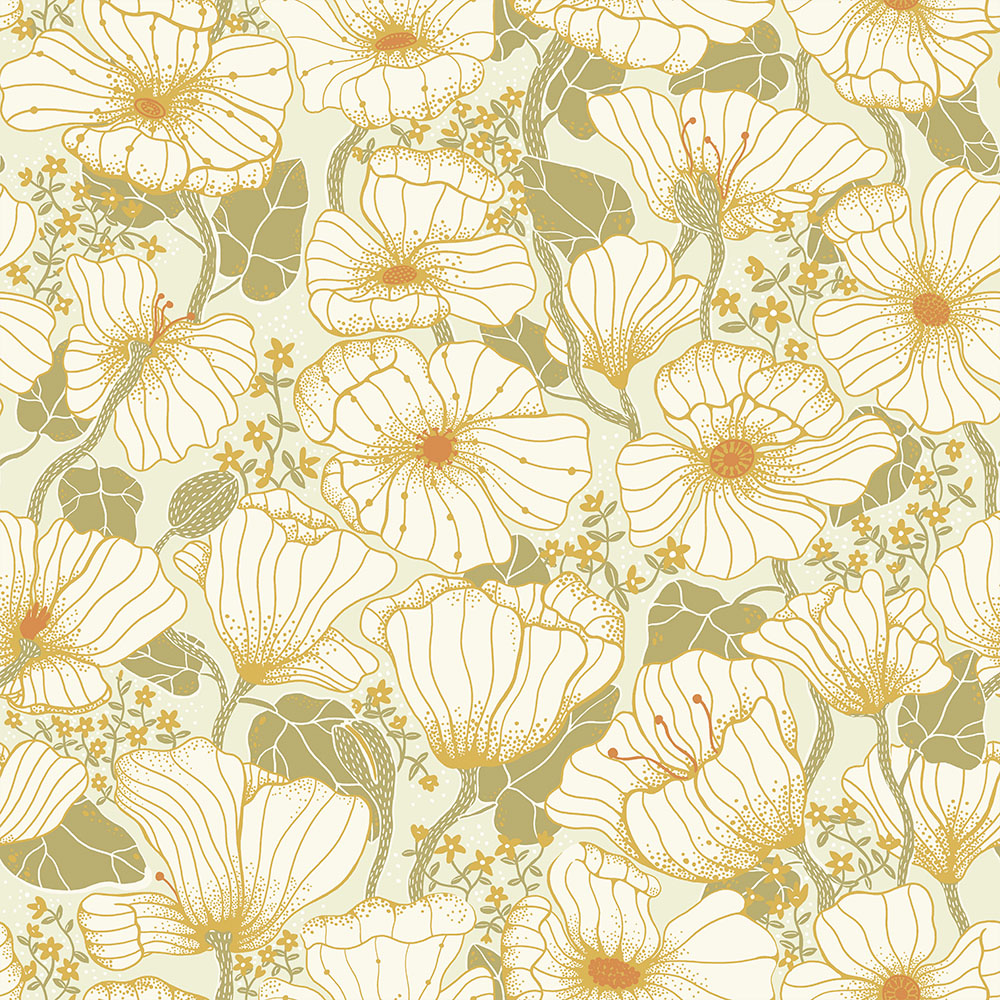 Yellow wallpaper with a floral, large-scale pattern