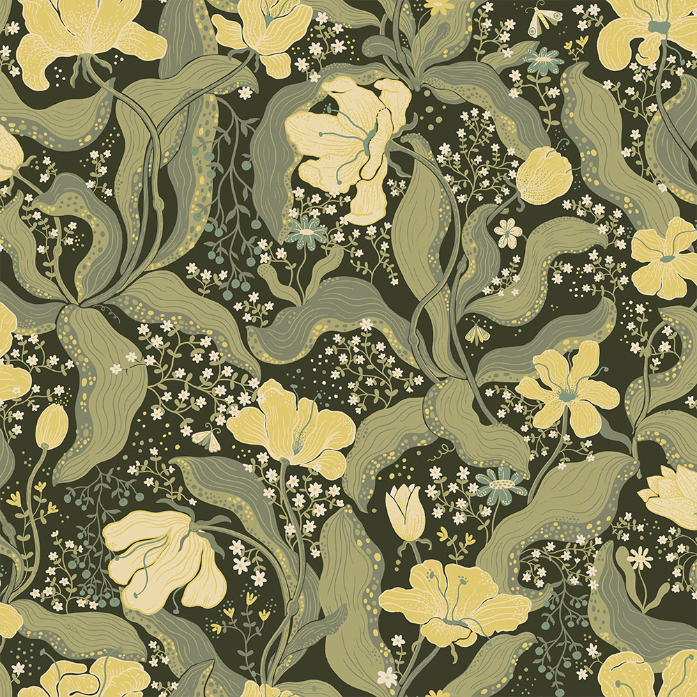 Green, Black wallpaper with leaves, floral, large-scale patterns,  patterns