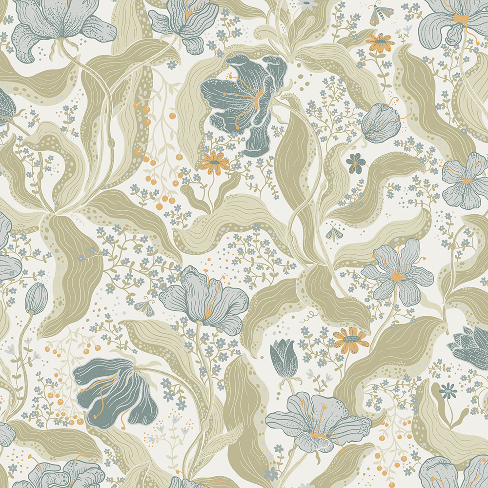 Blue, Green wallpaper with floral, large-scale patterns