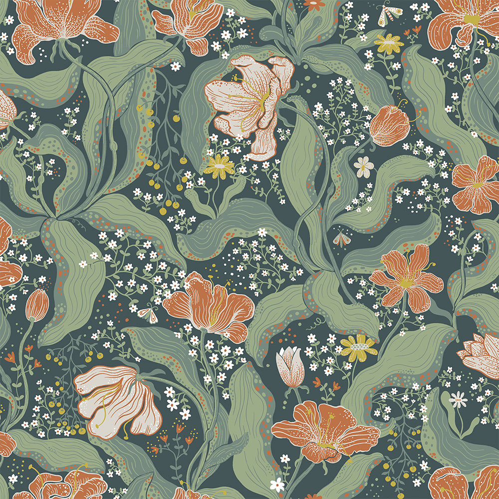 Multicolored, green, and orange wallpaper with floral and large-scale patterns