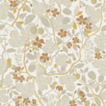 Beige, gray, and orange wallpaper with floral, leaf, large-scale, and fruit patterns