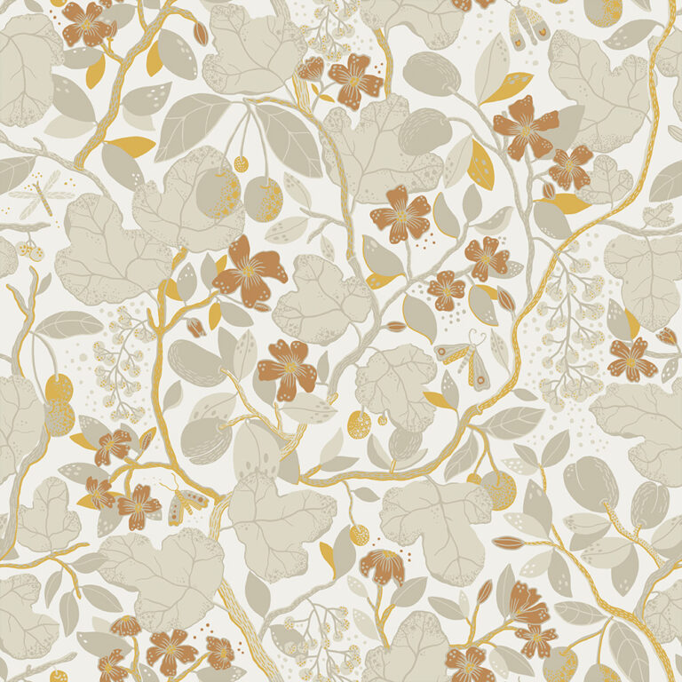 Beige, gray, and orange wallpaper with floral, leaf, large-scale, and fruit patterns
