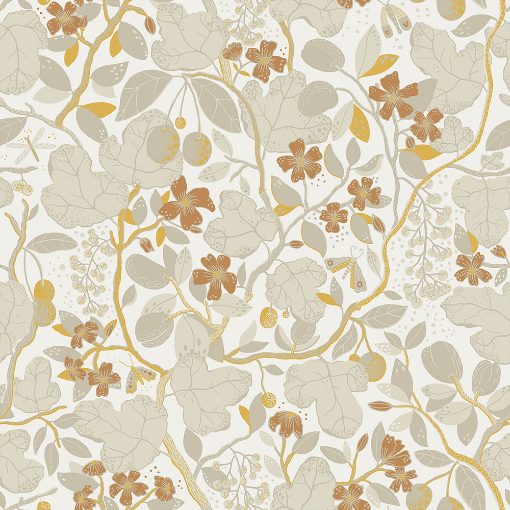 Beige, Grå, Orange tapet med Blommigt, Blad, Stormönstrat, Frukt,  mönster