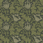 Green, Black Wallpaper with Floral and Leaf Patterns