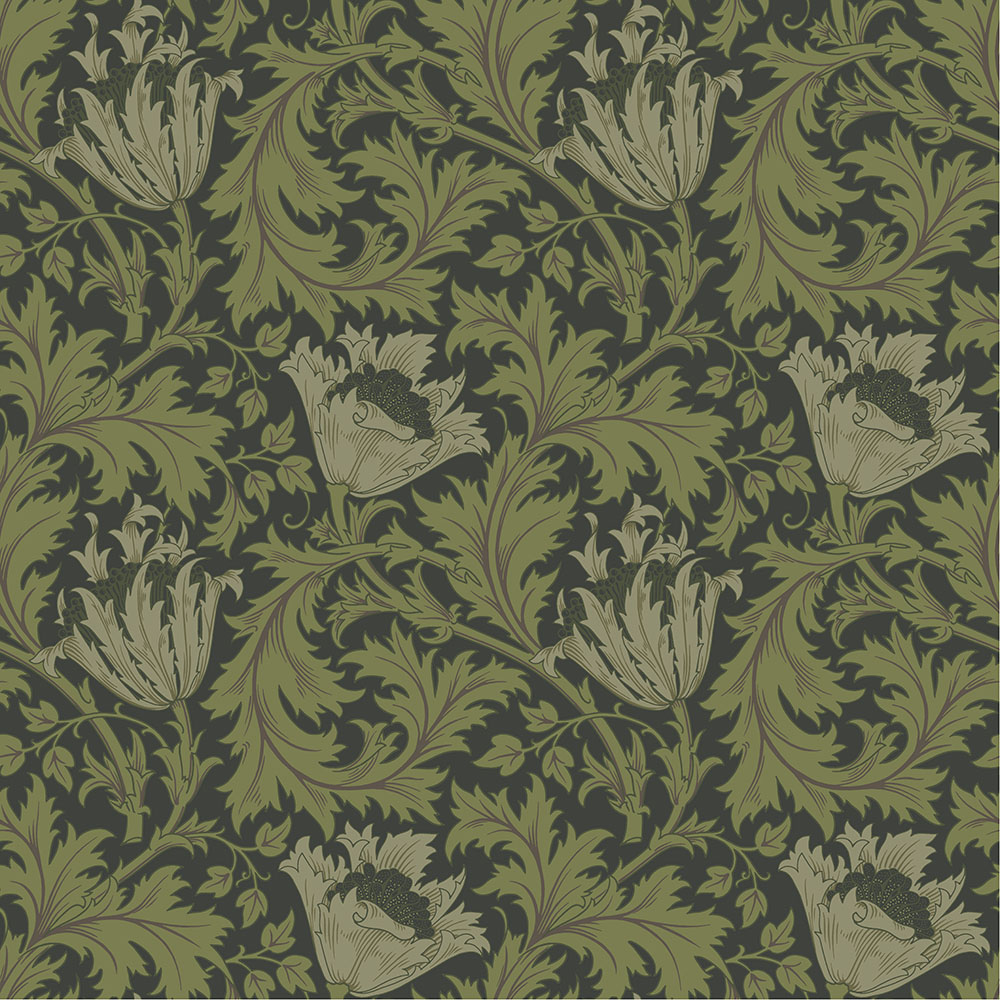 Green, Black Wallpaper with Floral and Leaf Patterns