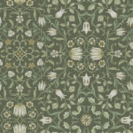 Green wallpaper with a floral and leaf pattern