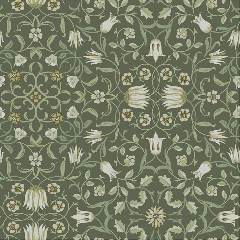 Green wallpaper with a floral and leaf pattern