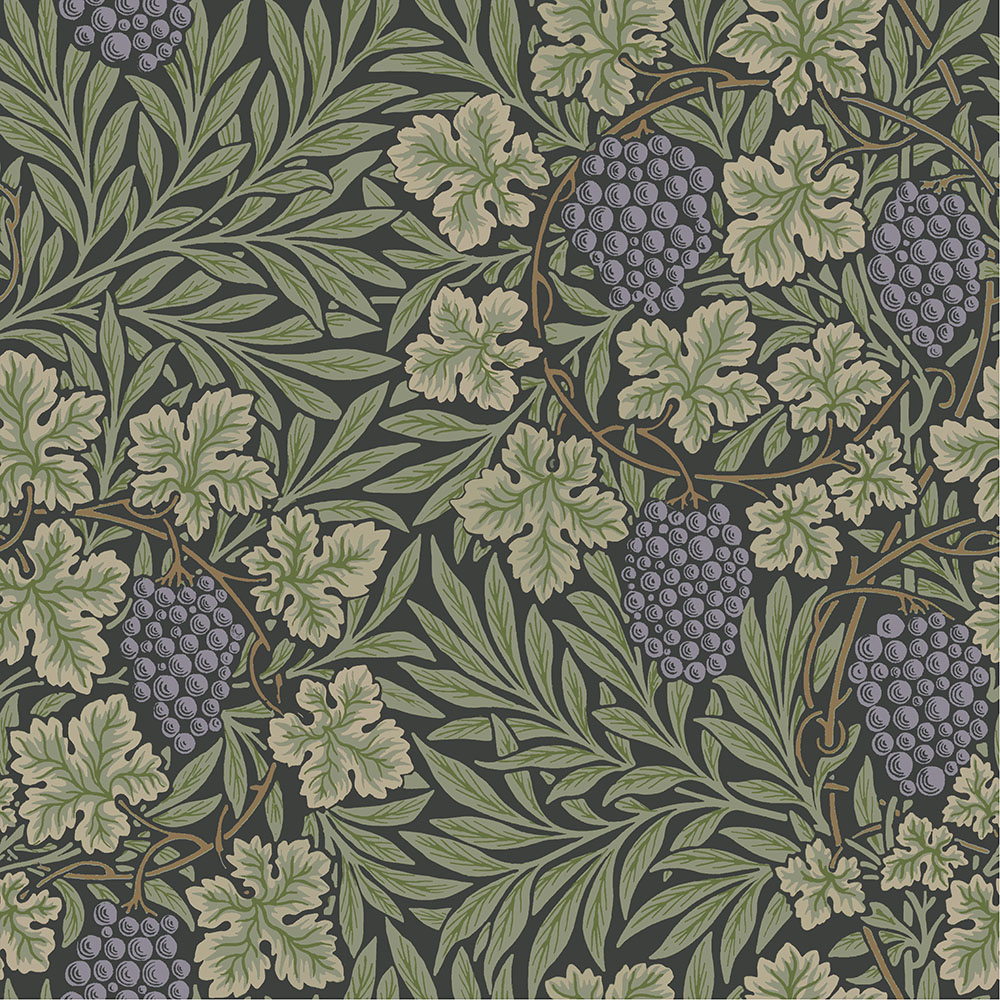 Green wallpaper with a leaf and fruit pattern