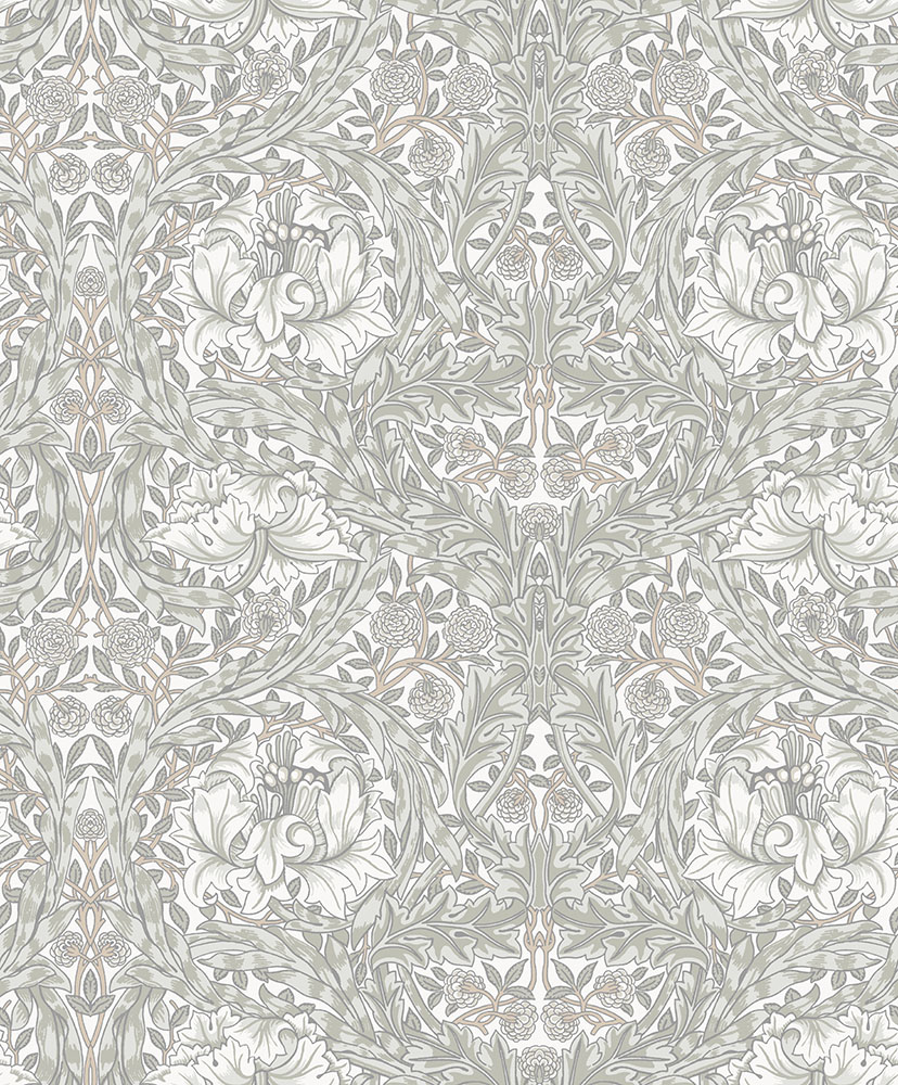 Gray, White Wallpaper with Leaves and a Floral Pattern