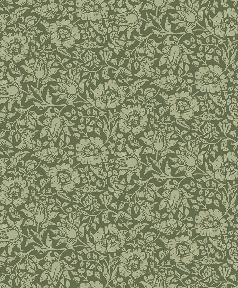 Green Wallpaper with Leaves, Floral Pattern
