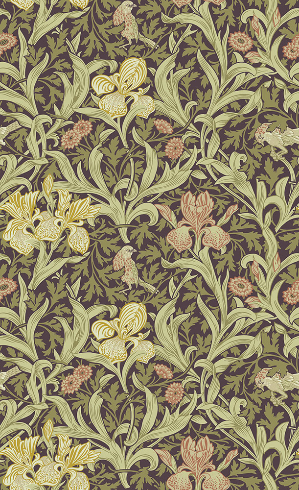 Purple wallpaper with a floral and leaf pattern