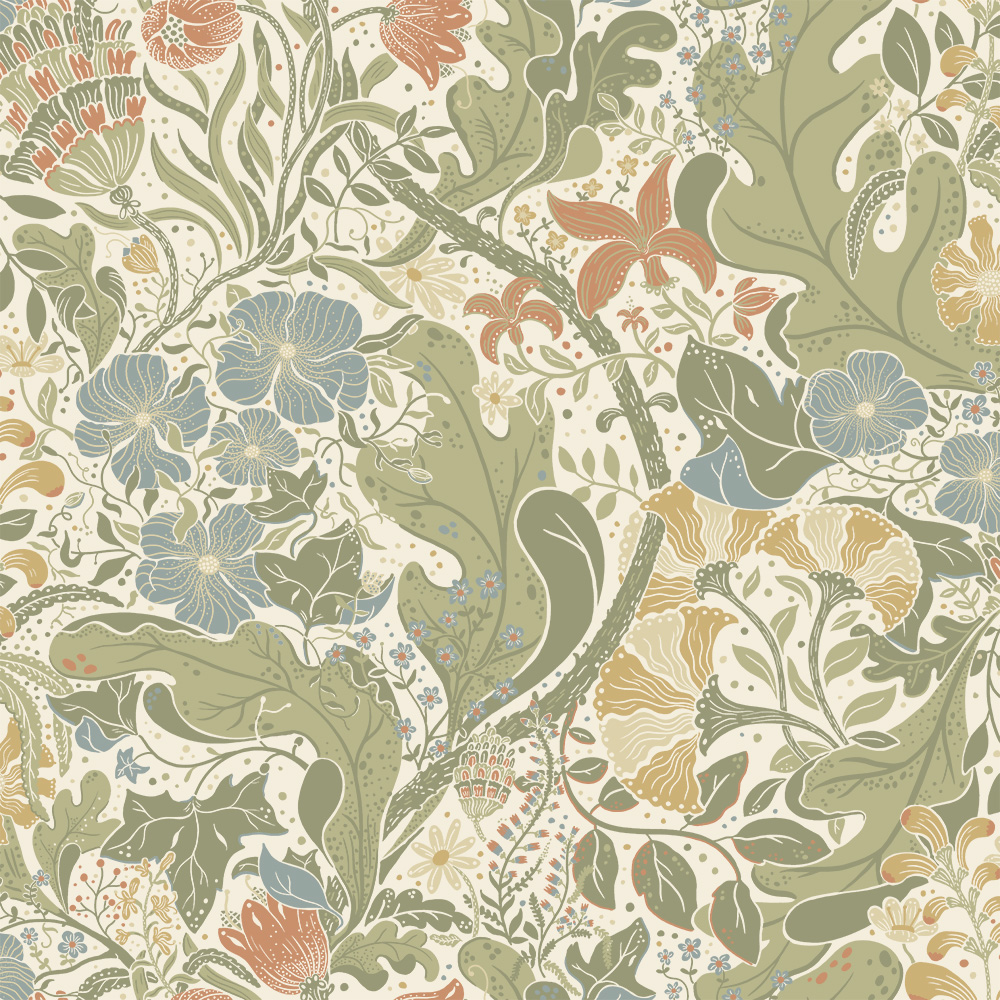 Multicolored wallpaper with floral and leaf patterns