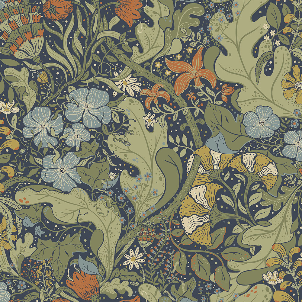 Blue, Green wallpaper with floral and leaf patterns