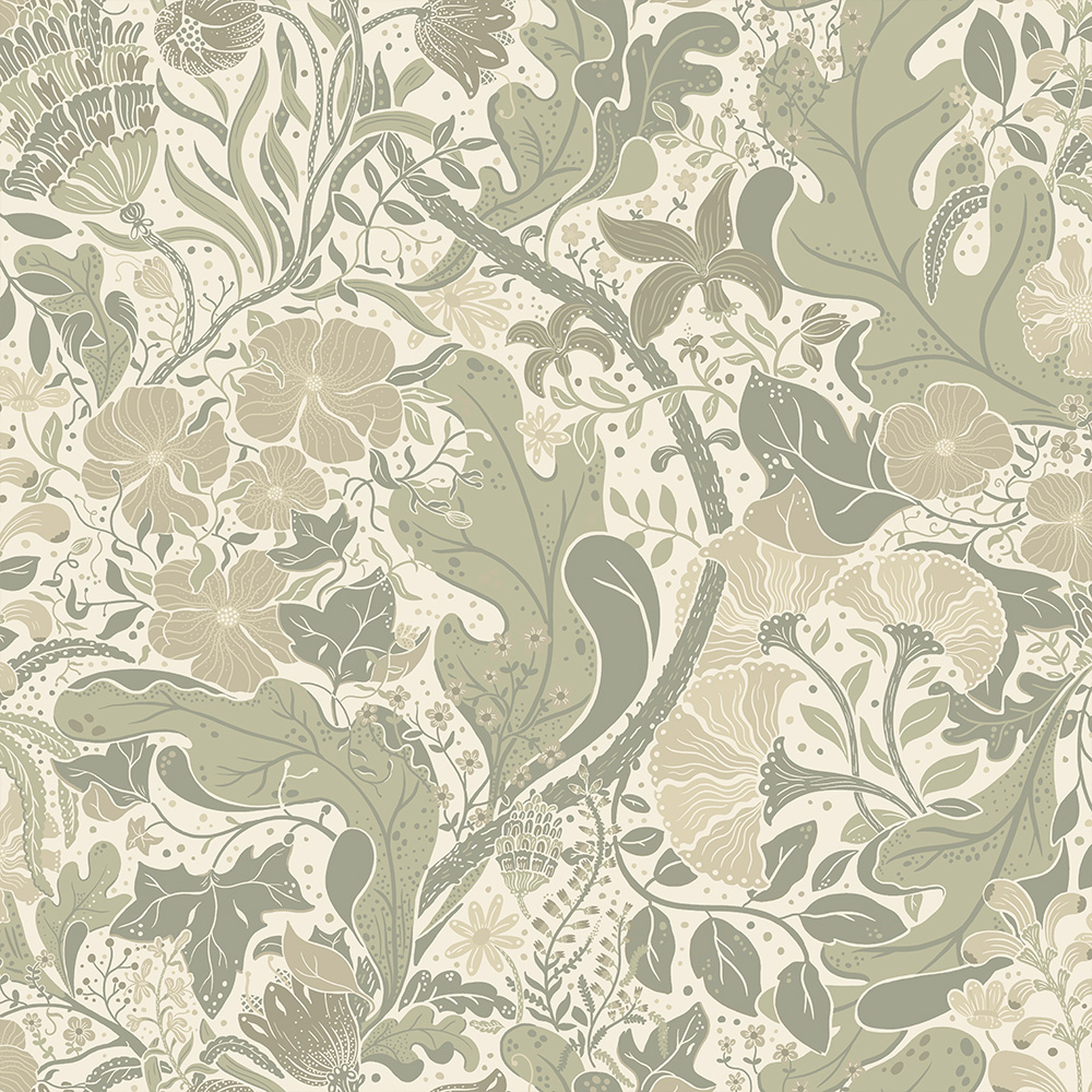Green wallpaper with floral and leaf patterns
