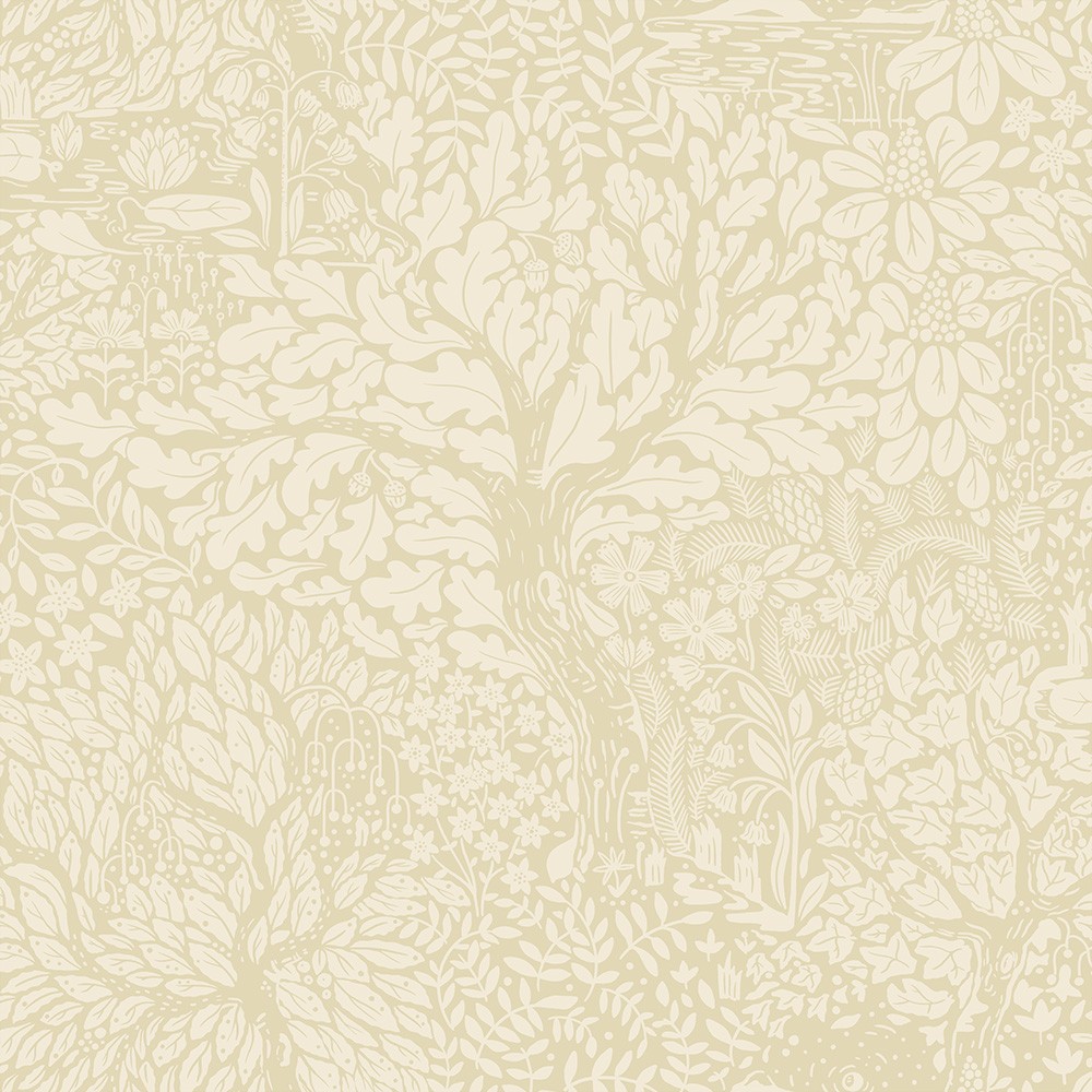 Beige, neutral wallpaper with floral, leaf, and forest patterns