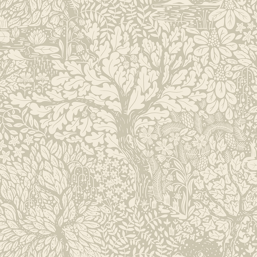 Gray, Neutral, Beige Wallpaper with Leaves, , Forest Pattern