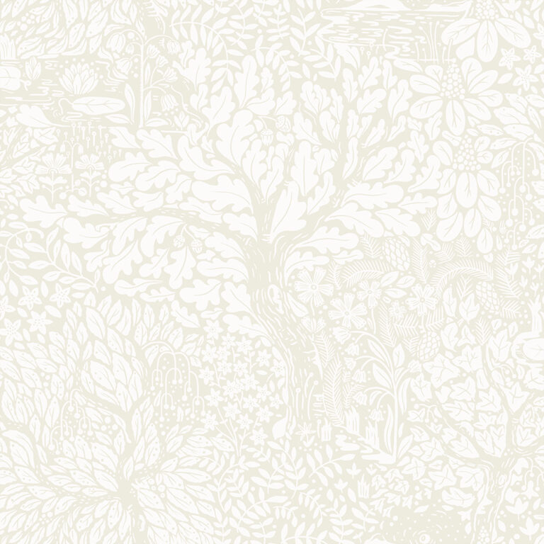 Beige, neutral wallpaper with floral, leaf, and forest patterns