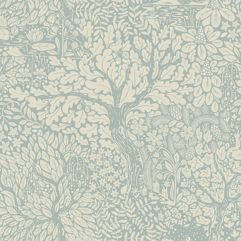 Blue wallpaper with floral and leaf patterns