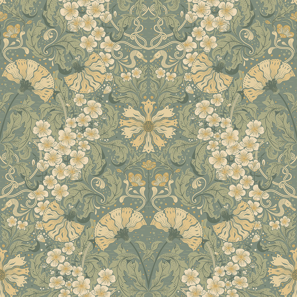 Green wallpaper with leaf and floral patterns