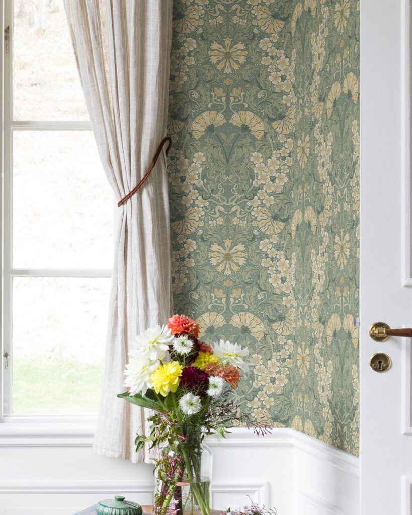 Green, floral wallpaper, used in a living room