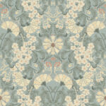 Blue wallpaper with a floral and medallion pattern