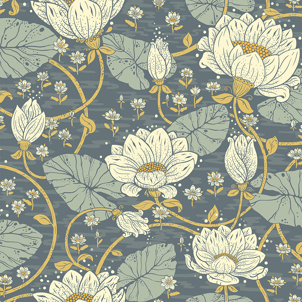 Blue wallpaper with a floral pattern