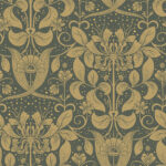 Green wallpaper with floral, leaf, and medallion patterns