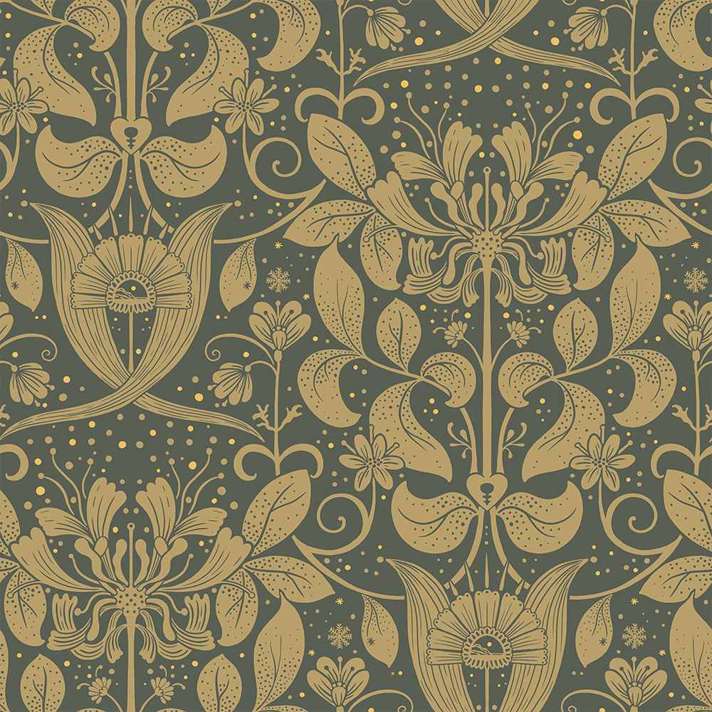 Green wallpaper with floral, leaf, and medallion patterns