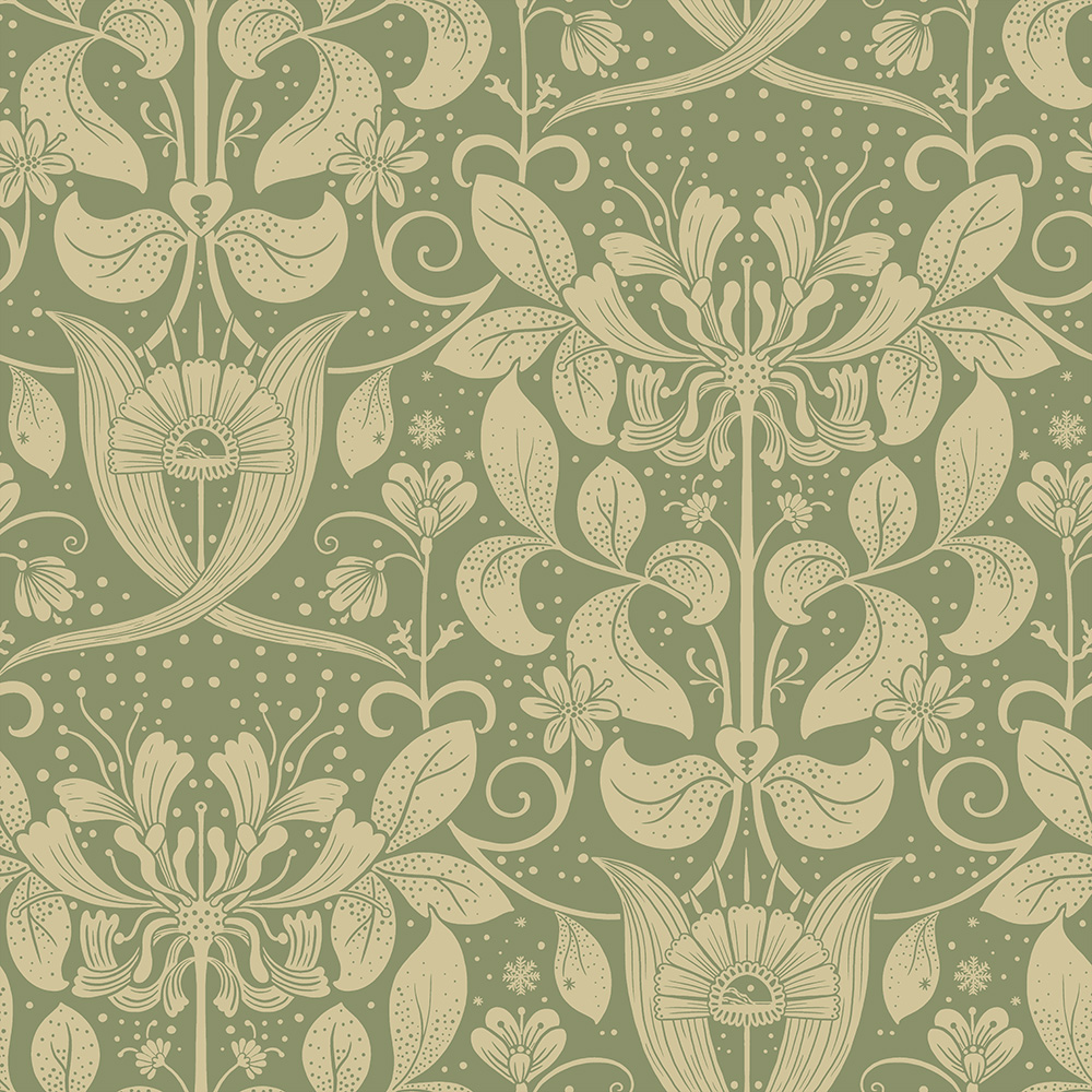 Green wallpaper with floral, leaf, and medallion patterns
