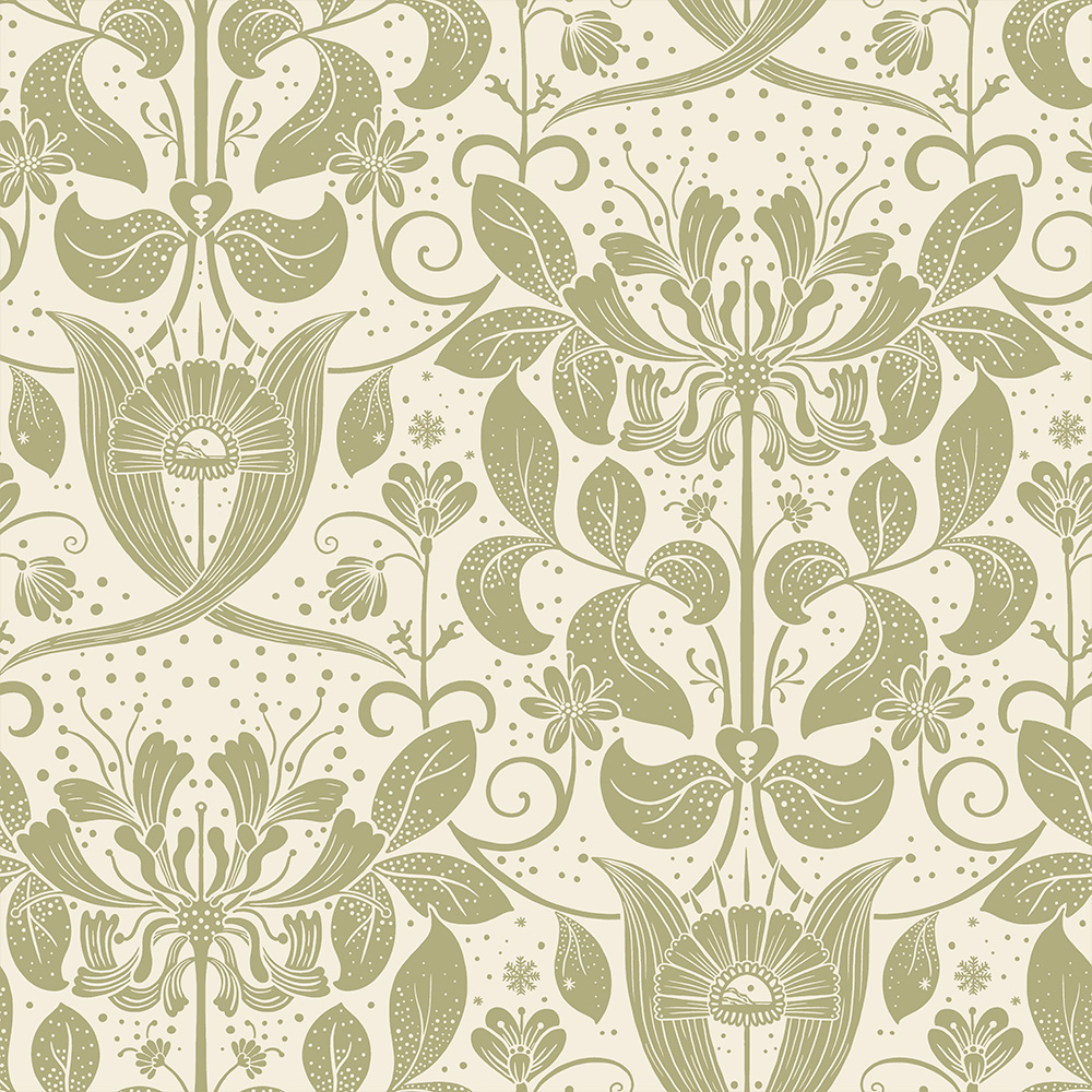 Green wallpaper with leaf, floral, and medallion patterns