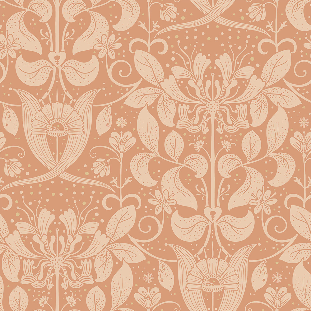 Orange, Pink wallpaper with floral, leaf, and medallion patterns