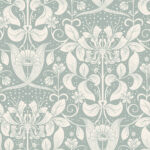 Blue wallpaper with leaves, floral, , and medallion patterns