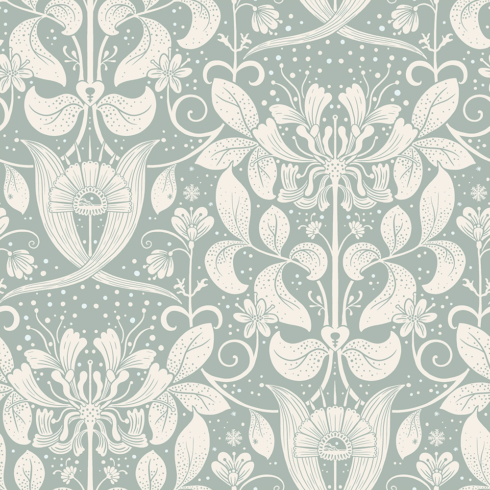 Blue wallpaper with leaves, floral, , and medallion patterns