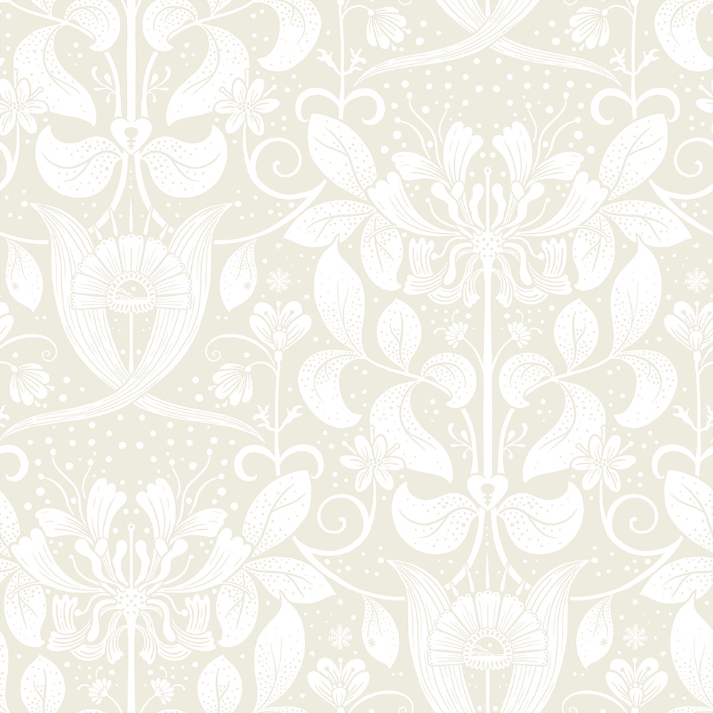 Gray, Neutral, White wallpaper with floral, leaf, and medallion patterns