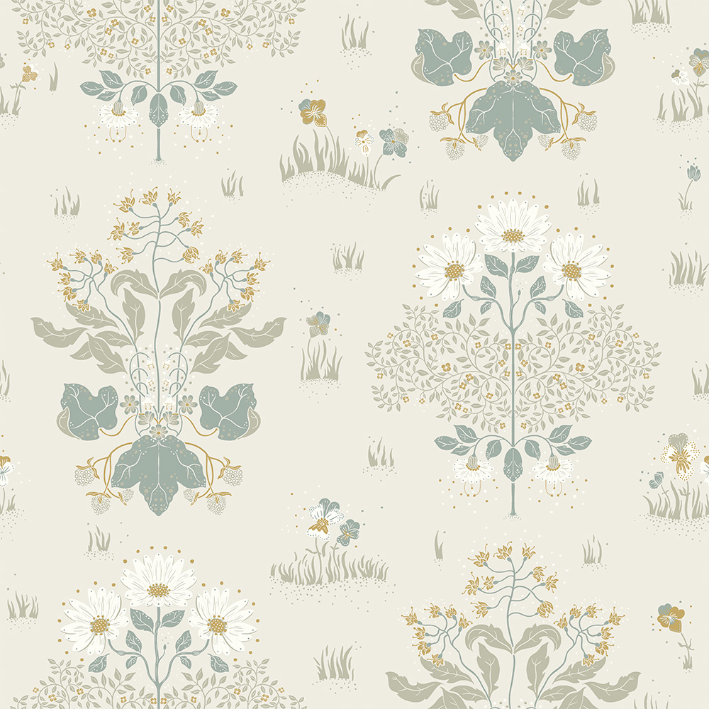 White, neutral wallpaper with a floral pattern