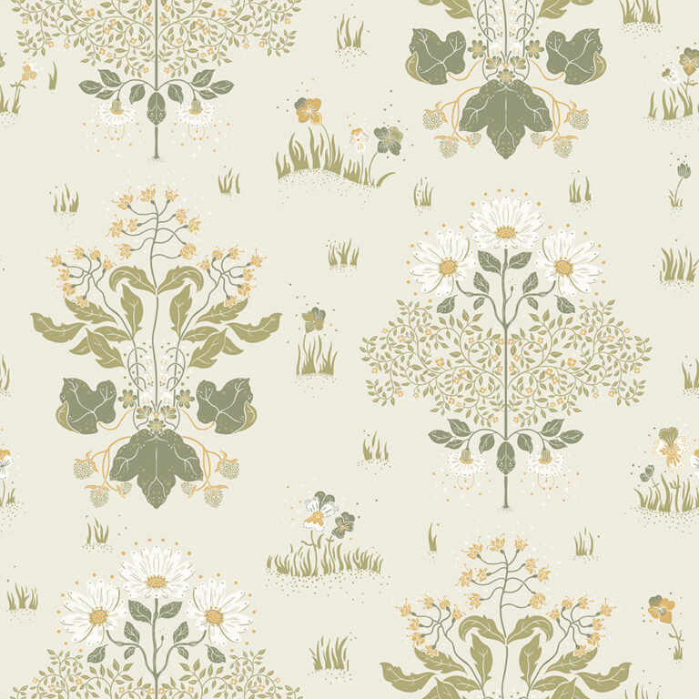 Beige and white wallpaper with a floral pattern