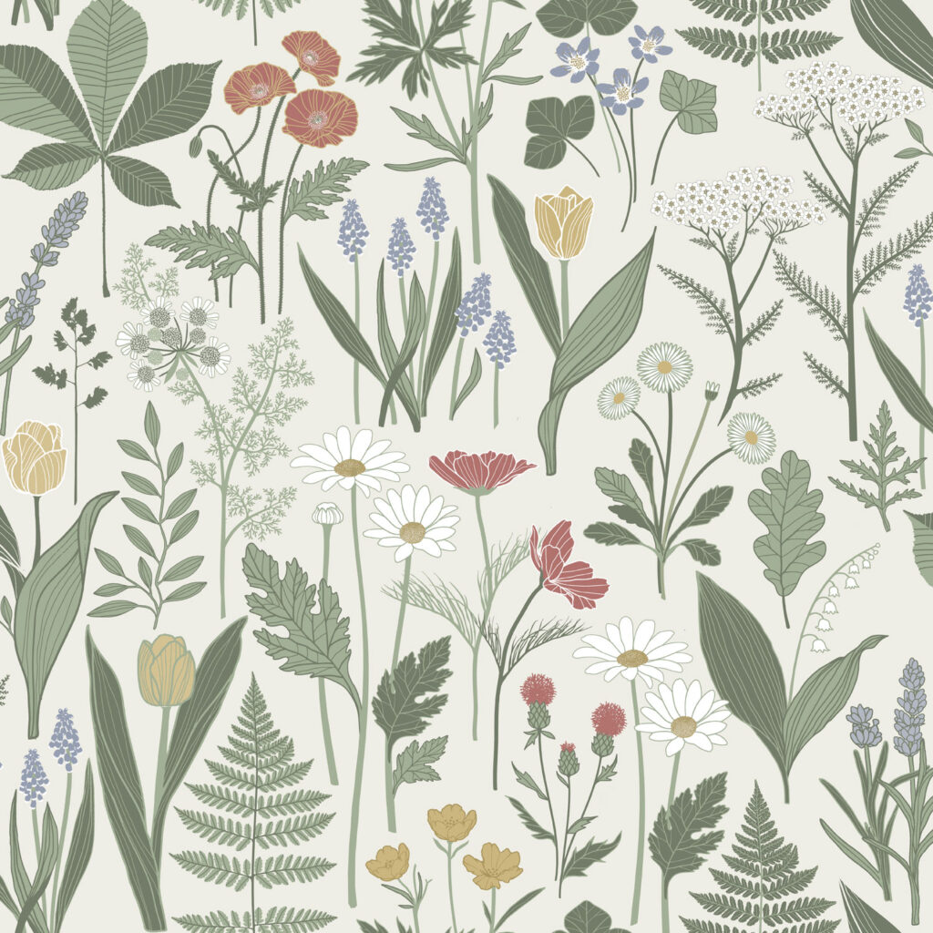 Multifärgat tapet med Blad, Blommigt,  mönster