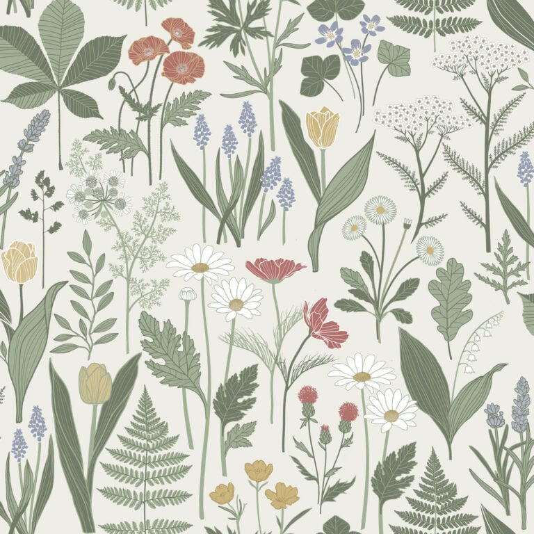 Multicolored wallpaper with leaf and floral patterns