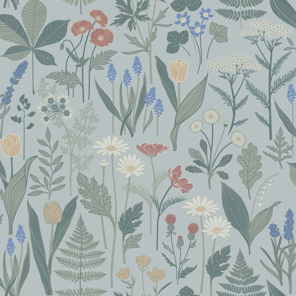 Blå, Multifärgat tapet med Blad, Blommigt,  mönster