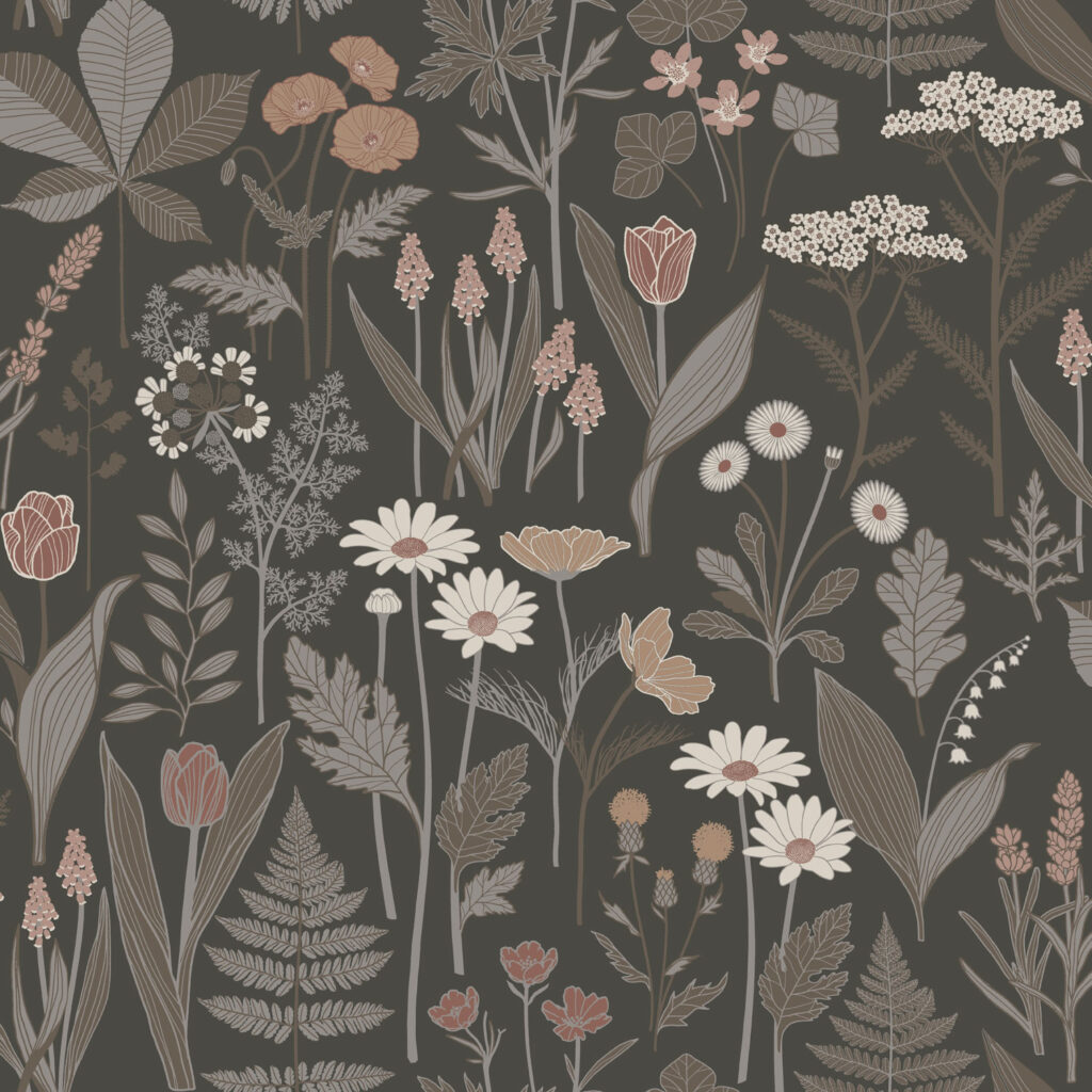 Brun, Multifärgat tapet med Blad, Blommigt,  mönster