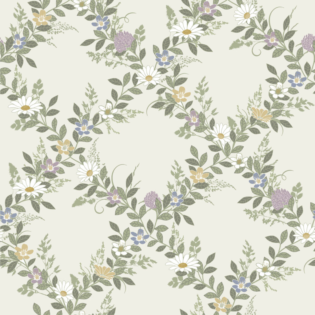 Multicolored wallpaper with leaf, floral, and checkered patterns