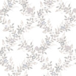 White wallpaper with leaf, floral, and checkered patterns