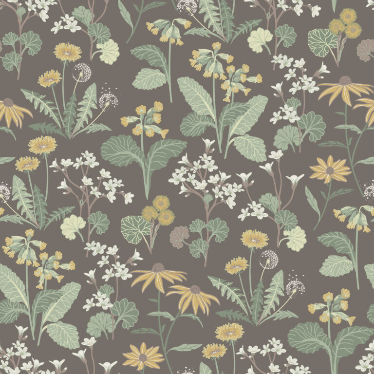 Brown, multicolored wallpaper with a floral pattern